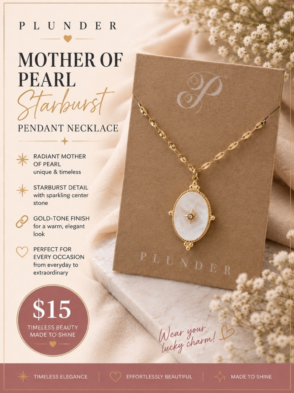 Plunder Mother of Pearl Starburst Gold Tone Pendant Necklace